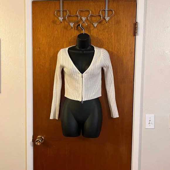 Say What Women’s Ivory Ribbed Knit Cropped Cardigan Sweater Small Zip-Up V-Neck - Picture 9 of 15
